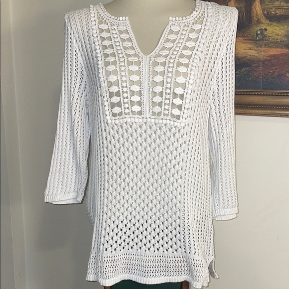 Chico’s Open Knit Crochet V-Neck Sweater Women Size 2 (12) 3/4 Sleeve White - Picture 1 of 11
